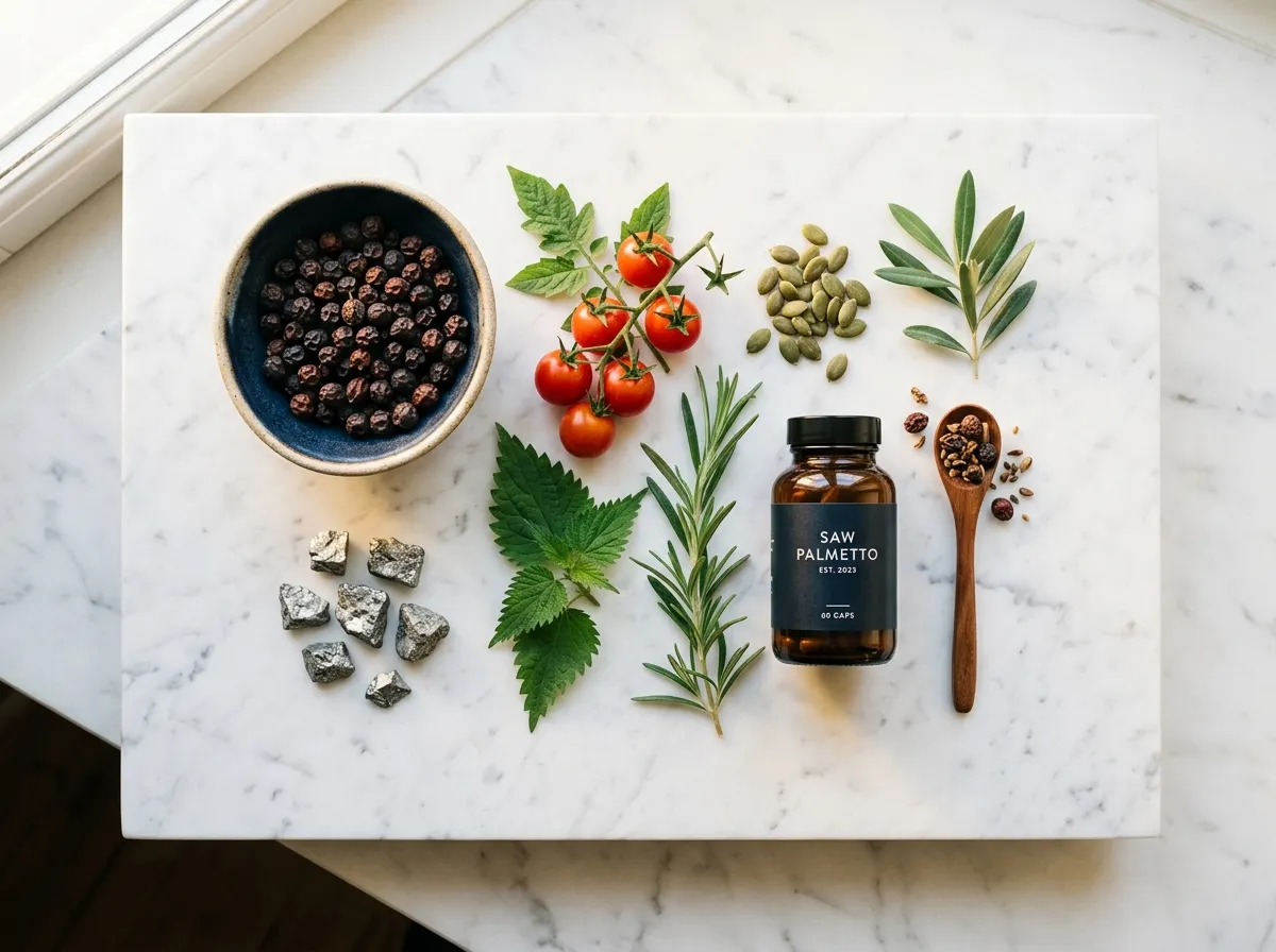 Natural botanical ingredients: saw palmetto berries, lycopene tomatoes, zinc-rich foods for men's wellness supplement