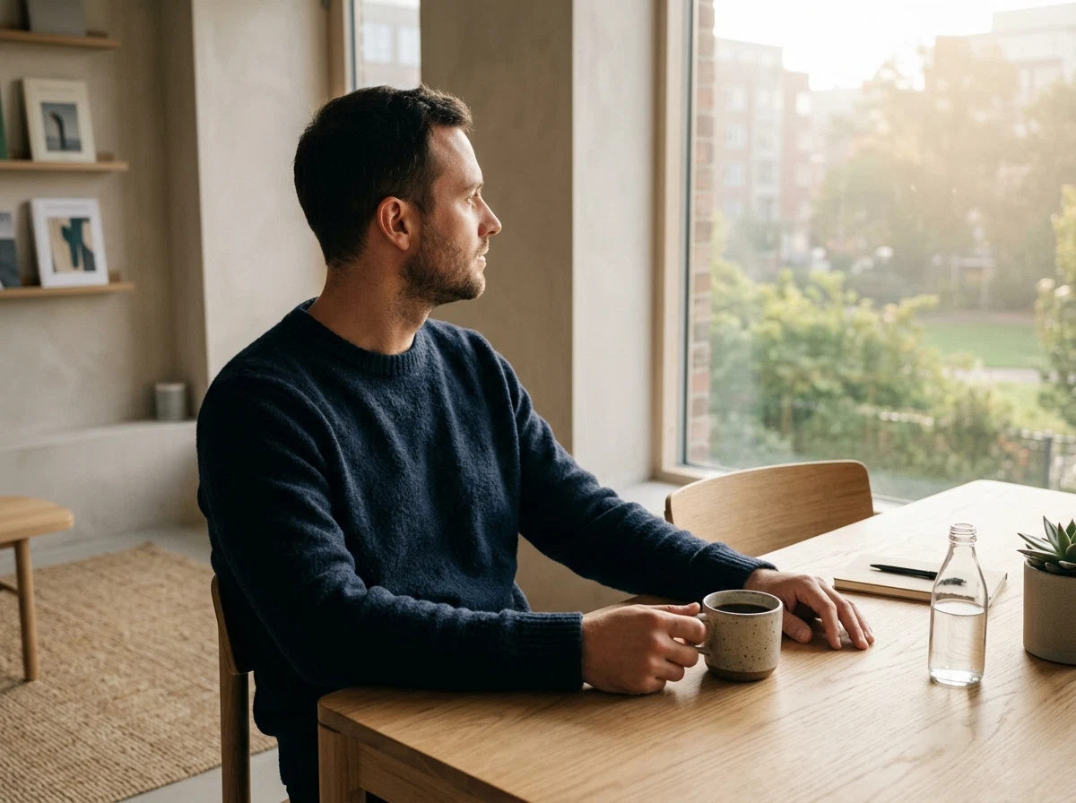 Wellness advisor looking out a morning window, casual and relaxed, no recognizable face