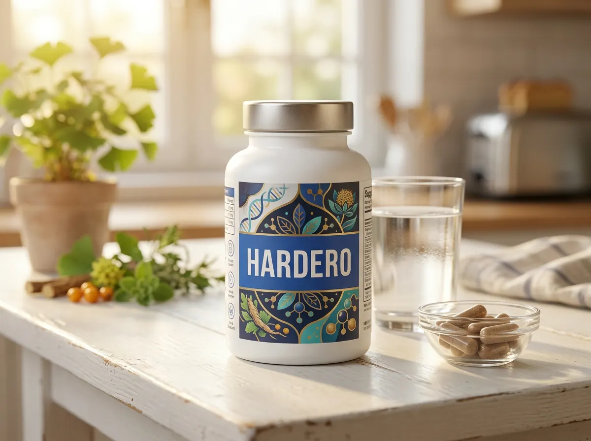 Hardero dark navy supplement bottle on light stone coaster with glass of water, men's wellness supplement New Zealand